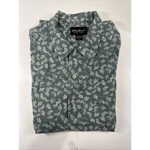 Eddie Bauer Shirt Mens XL Green Paisley Floral Button Up Short Sleeves Casual